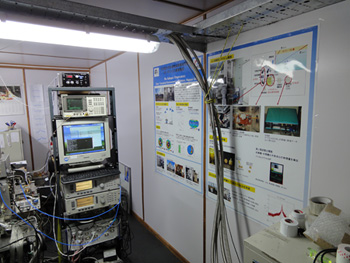 ミリ波観測室。紹介用ポスターを準備し、見学者に対応している。