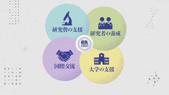 4つの主要な役割：「研究費支援」「研究者養成」「国際交流」「大学支援」