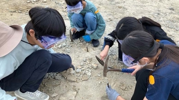 岩石ハンマーや自作した観察道具を用いて岩石鑑定や地層観察、化石採取などを行い、大地の成り立ちを探りました。