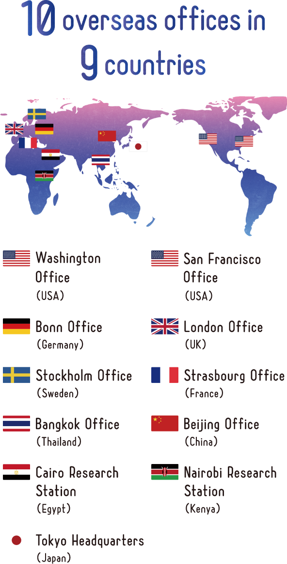 10 overseas offices in 9 countries: Washington Office (USA), San Francisco Office (USA), Bonn Office (Germany), London Office (UK), Stockholm Office (Sweden), Strasbourg Office (France), Bangkok Office (Thailand), Beijing Office (China), Cairo Research Station (Egypt), Nairobi Research Station (Kenya), Tokyo Headquarters (Japan)